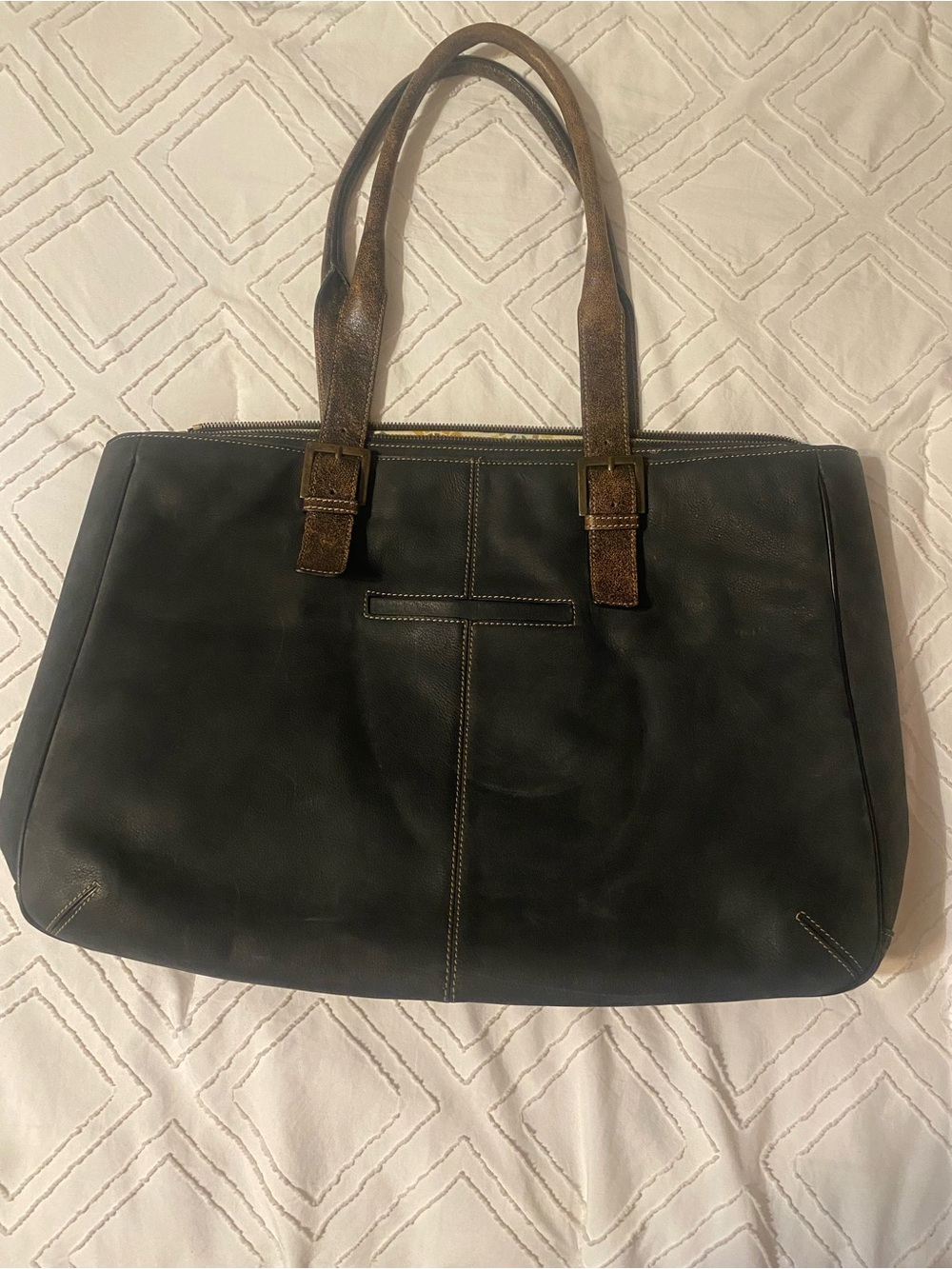 Boconi Black Leather Tote Bag with Brown Handles